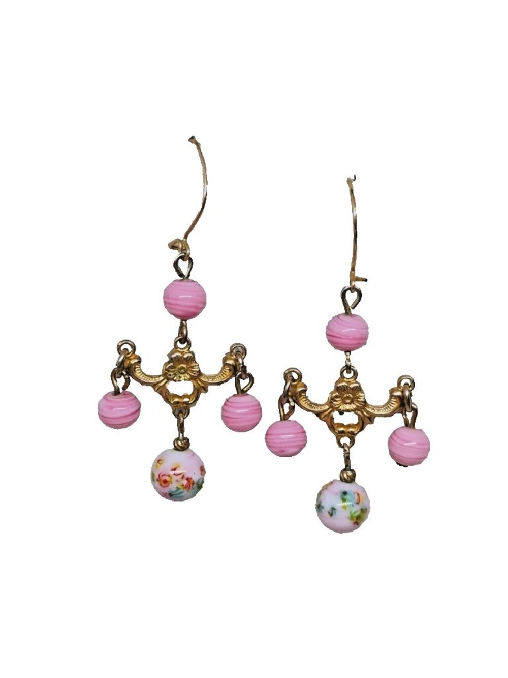 Vintage Murano Glass Pink Swirl Floral Bead Chandelier Earrings Gold Tone Dangle